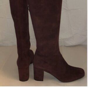 37.5/7❤️SAINT LAURENT Burgundy SUEDE Leather Low Heel OVER THE KNEE Tall BOOTS
